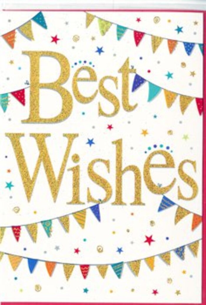 This Best Wishes card carries the gentle excitement of a celebration unfolding somewhere off the main streets of Hornchurch. The eye is drawn first to the centre, where the words Best Wishes appear in flowing, calligraphic gold script, wide and confident, with each stroke of the lettering slightly raised. The metallic finish catches imaginary highlights, giving a soft, luminous effect that makes the words feel special enough for life's big turning points. The background is an unbroken, crisp white, like a freshly laid tablecloth in a Hornchurch home awaiting guests. Framing the message, two sweeping rows of bunting curve across the card, reminiscent of decorations strung up for a garden party near Harrow Lodge Park. Each small triangular flag gleams in a saturated hue-crimson, royal blue, bright green, sunny yellow, warm coral-with some carrying tiny details such as polka dots and graphic stripes. Subtle flecks of sparkle make a few pennants appear to shimmer, as though catching flickers of candlelight in the early evening. Between and around these bunting arcs, clusters of miniature stars and round confetti dots in matching colours drift weightlessly across the white space, suggesting both movement and the playful randomness of tossed confetti. There are no flowers depicted, yet the artwork harmonises naturally with the thought of a hand-tied bouquet leaving a florist's shop in Hornchurch for same-day delivery across the area. The card's composition is carefully balanced: plenty of white space keeps it refined and dignified, while the golden lettering and rainbow bunting ensure it radiates warmth and joy. It is the sort of card you might choose to accompany congratulations on a milestone birthday, a new venture, or a housewarming near Emerson Park, sharing heartfelt encouragement in a bright yet tasteful way.