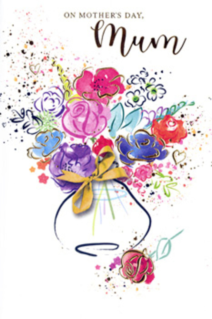 Expressive watercolour Mother's Day card artwork showing an exuberant bouquet that seems to have been painted in one joyful, flowing gesture, much like a florist sketching a new design at a bench in Hornchurch. Hot pink and cerise blossoms dominate the centre, their petals suggested with swift brushstrokes and framed by pockets of deep indigo that add depth and contrast. Around them, softer hues of apricot, lavender, and muted blue mingle like overlapping memories, each one adding another layer of affection and appreciation. Fresh touches of chartreuse green suggest leaves and stems, grounding the arrangement and recalling the lush greenery that lines local parks and gardens from Upminster Bridge to Elm Park. Delicate veins of gold track along petal edges and leaf tips, as if capturing the soft inner glow of a mother's love made visible. The bouquet gathers into a whimsical vase at the bottom of the composition, its shape only loosely defined yet unmistakably tender, with a neatly painted golden bow tied around its neck. This little detail evokes the care that goes into finishing a bouquet before it leaves a Hornchurch florist for delivery to a waiting doorstep. Speckles of paint and tiny heart motifs scatter across the white background, like petals tossed in celebration or the happy clutter of a family kitchen on Mother's Day morning. The composition, though free and slightly abstract, feels thoughtfully balanced, each colour and line working together to convey gratitude, admiration, and the deep comfort of knowing you are loved.
