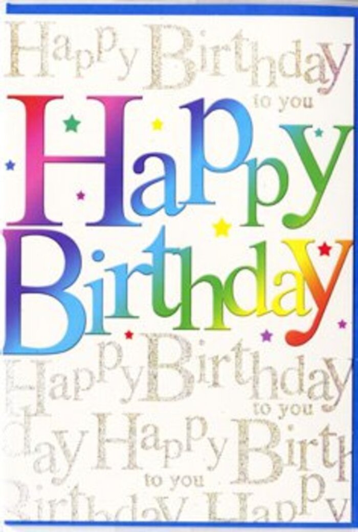 In this image, a festive birthday card is shown from the front, its colourful design evoking the lively charm of Hornchurch on a bright weekend. Dominating the composition is the phrase Happy Birthday, written in large, smooth-edged letters that stand proudly across the centre of the card. Each letter is filled with a soft gradient that drifts through the full spectrum of a rainbow-starting with strong reds and rosy tones, gliding through orange, amber, and bright yellow, then easing calmly into different shades of green, turquoise, and blue, before finishing with gentle purples and lilacs. The transitions are gradual and creamy, without harsh lines, giving the artwork a fluid, almost hand-painted look. A mild gloss on the card surface reflects the light, making the colours appear luminous and full of life, much like fresh blooms displayed in a local Hornchurch flower shop. Behind this bold, multicoloured message, the background is a tapestry of repeating golden handwriting. The words Happy Birthday to you are written again and again in a looping, cursive script that crosses the card diagonally from corner to corner. The gold ink is fine and elegant, providing a delicate shimmer reminiscent of strings of lights over a garden party near Emerson Park. This intricate script gently peeks between the rainbow letters, adding depth while keeping the focus on the central greeting. Clean white borders frame the entire design, contributing to a contemporary, uncluttered feel. The overall impression is of a card that combines playful colour with refined detailing-an ideal companion to a birthday bouquet destined for homes across Hornchurch, whether along Station Lane, near St Andrew's Church, or by the quieter residential lanes leading towards Upminster.