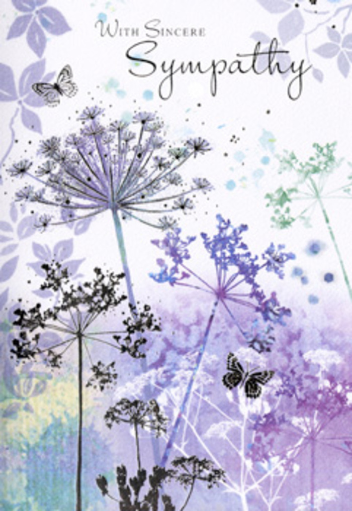 There is a tranquil, meditative beauty in this sympathy card's design, similar to standing by the water at Harrow Lodge Park on a still morning in Hornchurch. Tall, spindly wildflowers with umbelliferous heads arch gracefully across the card, each stem finely drawn in soft greys and sage greens. The blooms are etched with intricate filigree detail, some more distinct, others fading gently into the background. Shades of violet, powder blue, and lilac are applied in delicate layers, giving each flower head a soft halo of colour that seems to glow against the muted, watercolour backdrop. That background is a blur of pale purples, silvery greens, and hints of misty blue, like distant trees and sky softened by a veil of light fog. Two butterflies hover lightly above the wispy petals, their wings delicately outlined and filled with whispers of lavender and pearl. Their presence suggests hope, continuity, and the gentle persistence of life even in moments of deep sorrow. The overall lighting within the image is diffuse and kind, with no harsh edges or dark shadows-only a steady, calming brightness that settles over the entire composition. As an experienced florist crafting funeral tributes and sympathy bouquets for families in Hornchurch, from Ardleigh Green to Elm Park, I see the same sensitivity here that we aim for in our arrangements. This card offers more than just printed words; it is an invitation to pause, breathe, and remember, weaving together the soft language of wildflowers and butterflies to express genuine, thoughtful sympathy.