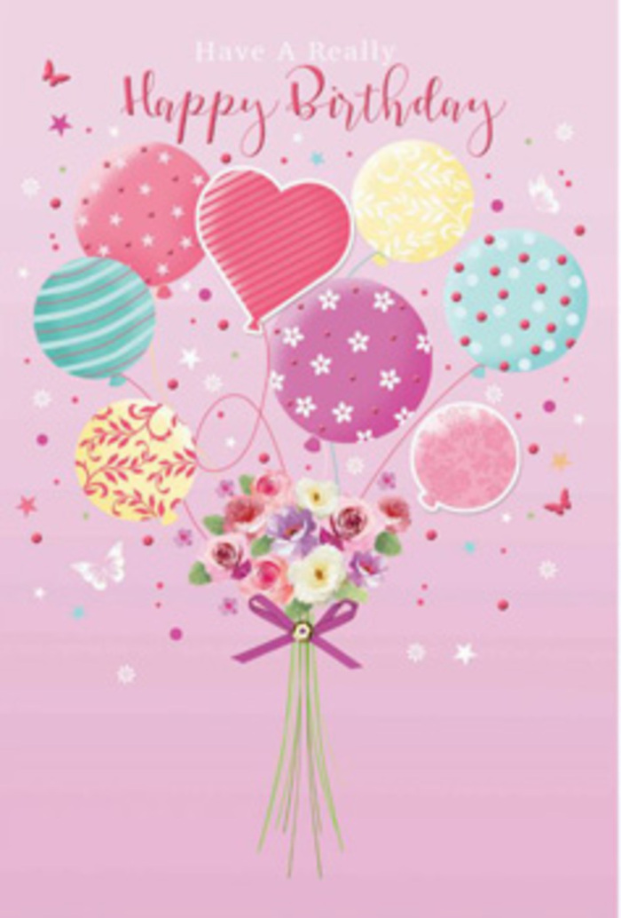 Elegant illustrated birthday card showing a dreamy mix of balloons and flowers, envisioned as if arranged by Florist Hornchurch for a loved one's special day. The composition is set against a velvety soft pink background, evoking the peaceful tones of an early evening walk near Emerson Park. Rising from the lower part of the image is a cluster of balloons that seem to lift a small garden of blooms into the air. The balloons glow in pastel shades-pale sunshine yellow, rosy fuchsia, lavender, mint green, and creamy pink-each one adorned with unique designs. Some feature twirling ribbon-like stripes, others are dotted with confetti-style spots, and a few present stylised blossoms that mirror the flowers below. Their surfaces appear smooth and slightly reflective, catching a gentle, diffuse light that suggests a festive atmosphere. At the base, a hand-tied bouquet gathers petite roses and soft, daisy-like flowers. The petals are lovingly shaded from cream to blush and deeper rose, giving them a plush, velvety look, as though you could almost feel them beneath your fingertips. Touches of subtle greenery peek between the blooms to frame the pastel tones, much as a real florist in Hornchurch would carefully balance shape and colour. The stems are bundled together and secured by a shimmering purple bow; its satin tails curl softly, adding a final flourish of elegance. Tiny stars and delicate, butterfly-like accents drift around the main design, enhancing the sense of lightness and celebration. The overall mood is one of gentle jubilation and tender affection-a birthday greeting that feels like a slow, happy breath, carrying warm wishes across Hornchurch and beyond.