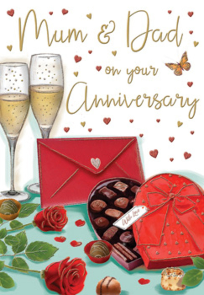 Elegant anniversary card illustration that feels like a snapshot of a special evening in a Hornchurch home, moments before Mum and Dad sit down to celebrate. At the heart of the composition, two vivid red roses rest on the tabletop, rendered with meticulous detail so that each velvety petal appears soft and touchable, just like a freshly selected bloom from Florist Hornchurch. The roses are cradled by glossy green leaves, their gentle curves creating a natural frame that draws the eye inward. On one side, a heart-shaped box of chocolates sits partially open, its bright red lid lifted to reveal rows of carefully drawn truffles. The box is wrapped with an opulent, wide red ribbon tied into a bow whose loops and ends spill gracefully over the edge, suggesting a gift just presented. Behind this arrangement, a pair of tall champagne flutes stand close together, filled with pale golden fizz; bubbles sparkle up through the clear glass, catching hints of invisible candlelight like those on a dinner table in a home tucked off Station Lane or near Langtons Gardens. Floating across the soft background are small crimson hearts and delicate strokes of gold that swirl around the hand-lettered greeting Mum & Dad, adding movement and a sense of joyful celebration. A rich scarlet envelope lies nearby, neatly sealed, hinting at a handwritten anniversary message filled with affection and shared memories. The entire scene glows with warm tones and gentle contrasts, evoking the scent of roses, the sweetness of chocolate, and the quiet clink of glasses raised in a toast. For couples in Hornchurch, this card captures the feeling of being cherished and honoured on their special day.