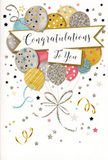 This image shows a joyful congratulations card, designed with the same sense of celebration you might feel carrying a bunch of balloons down Hornchurch High Street after sharing good news. The centre of the card is filled with a cheerful cluster of illustrated balloons, grouped closely so they form a rounded bouquet shape, gently overlapping one another. Their colours are delicately metallic and pastel: warm gold and cool silver mingle with champagne tones, airy sky blue, soft pink, and a subtle grey that keeps the palette sophisticated. Each balloon is decorated with fine details - sparkling stars, slim stripes, and tiny dots that look as though they were brushed on with glittering ink - adding texture and a touch of glamour. From each balloon, slender gold and silver strings trail downwards, curling and entwining into an elegant flourish that visually grounds the composition, like ribbon tails tied around a celebratory floral arrangement ready for delivery across Hornchurch. The background is light and spacious yet alive with movement; scattered stars, curling ribbons, and confetti-like shapes drift across the surface, giving the impression of a gentle breeze carrying laughter and congratulations through the room. Cutting across the centre, a graceful banner bears the words Congratulations To You in expressive, flowing script, the letters shaped with care so they feel warm and heartfelt. The overall mood is one of effervescent but refined happiness, perfect for pairing with flowers to mark milestones such as exam success, promotions, or special achievements. It's the kind of card that would sit proudly on a windowsill or sideboard, quietly reminding the recipient in Hornchurch how much their hard work and success are admired.