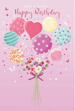 Whimsical birthday card illustration combining floating balloons and a dainty bouquet, captured with the sensitivity of a local Hornchurch florist describing a favourite design. The background glows in a dusty pink hue, soft and comforting, like the sky just after sunset above the tree-lined streets near Hornchurch station. From the lower centre, a small but lush bouquet anchors the piece, filled with delicate roses and anemone-like blossoms. Their petals are feathery and layered, drifting from creamy ivory to blush pink and gentle mauve, with the kind of texture that makes you imagine a light, sweet fragrance. Slim stems gather tidily beneath the blooms, and a violet satin bow cinches them together, its ribbon gleaming softly and curling at the edges in an elegant finish. Above this grounded bouquet, a joyful parade of balloons rises, appearing to float effortlessly upward. Each balloon boasts its own style: some swirl with candy-coloured stripes, others sparkle with playful polka dots, and one heart-shaped balloon at the centre radiates a quiet sense of affection. The pastel palette-teal, rose, lemon, lilac, and cream-blends harmoniously, reminiscent of festive decorations for a birthday party in a cosy Hornchurch home. The balloons catch a gentle wash of imaginary light, creating tiny highlights that suggest a smooth, glossy texture. Scattered around them are miniature stars and fluttering, butterfly-like shapes, giving the scene a touch of fairytale wonder, like confetti shimmering in the air. The entire composition feels light as a spring morning, joyful yet tender, perfectly capturing the mood of a birthday meant to feel personal and unforgettable, delivered in spirit to someone special in Hornchurch.