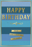 This graceful birthday card has the quiet charm of a thoughtful note waiting on a hall table in Hornchurch, ready to be opened at the start of a special day. Its background is formed by broad, horizontal stripes of blue, each stripe transitioning in subtle steps from deep navy at the very top to a soft, airy blue at the bottom. The effect is smooth and meditative, like watching the colour of the sky change above the tree line near Hornchurch Country Park. In the centre of this serene gradient, the phrase HAPPY BIRTHDAY stands out in large, embossed gold letters. Each capital is crisply shaped, with a luminous foil finish that captures small highlights and soft reflections, giving the words a tangible sense of quality. Just beneath, a decorative golden flourish sweeps across the width of the card, its curved lines echoing the gentle arcs of handwriting on fine paper. Below this elegant divider, three slender, horizontal gold banners are positioned one under another. Their shiny foil surfaces glint gently and carry the friendly message Relax, have a great day and enjoy! in smaller golden lettering, each word spaced so it is easy to imagine reading them aloud. A delicate gold border runs around all four sides, framing the layered blues like a simple gilt frame around a painting. The combination of cool blue tones and warm metallic accents gives the card a soothing yet celebratory energy, ideal for pairing with a bouquet delivered across Hornchurch and placed on a dining table, creating a small but meaningful moment of birthday calm and happiness.