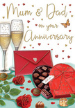 Warm, romantic anniversary card design that looks like a carefully staged celebration for Mum and Dad on a Hornchurch evening. The illustration centres on two velvety red roses, their petals painted in deep, luxurious tones that ripple outward in soft layers, suggesting the fullness of a florist's best blooms at their prime. Rich green leaves provide a lush backdrop, their slightly curved edges and subtle veining adding lifelike texture and freshness. Beside the roses, a heart-shaped box of chocolates draws attention, its bold red casing and sumptuous bow creating a sense of indulgent treat. The lid is open just enough to reveal a neat array of chocolates, each one shaded to show smooth surfaces and tempting shapes that invite sharing. Behind this inviting foreground, two elegant champagne flutes stand side by side, filled almost to the brim with sparkling golden wine. Fine strings of bubbles rise within the glass, catching the suggestion of warm ambient light like that from a cosy Hornchurch dining room near Upminster Bridge or along the High Street. Scattered around the scene are delicate crimson hearts and glints of gold that swirl gently across the card, embracing the hand-lettered Mum & Dad inscription with a playful, loving energy. A scarlet envelope, carefully sealed and lying at a slight angle, hints at a heartfelt handwritten message ready to be opened. The colour harmony of reds, golds, and greens, along with the soft, glowing background, creates a mood of intimate celebration. It evokes the atmosphere of an anniversary evening filled with flowers, chocolates, and champagne, where parents feel truly appreciated in the heart of Hornchurch.